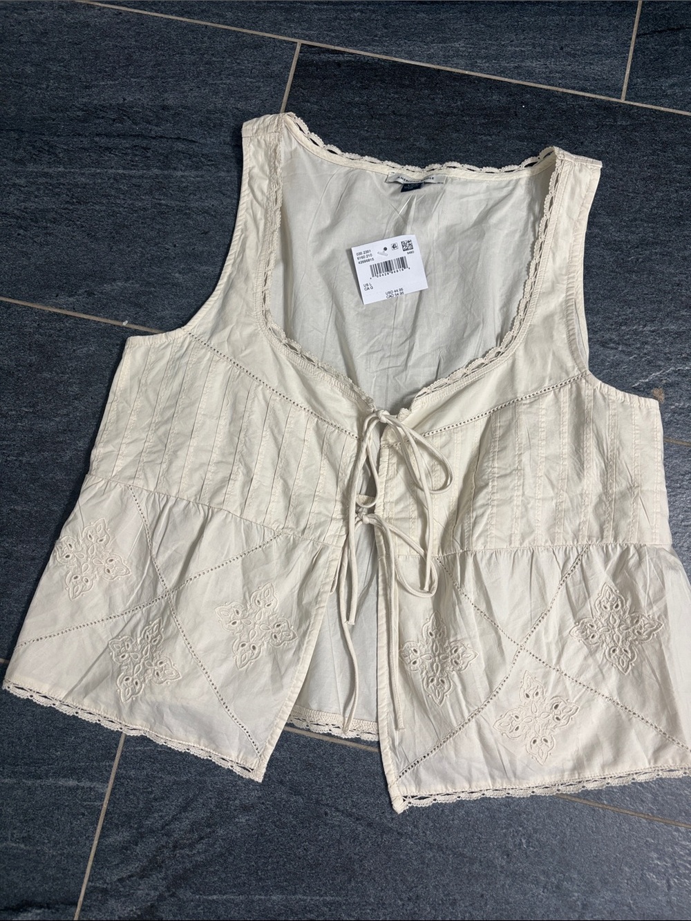 AEO Cream Tie-Front Embroidered Tank